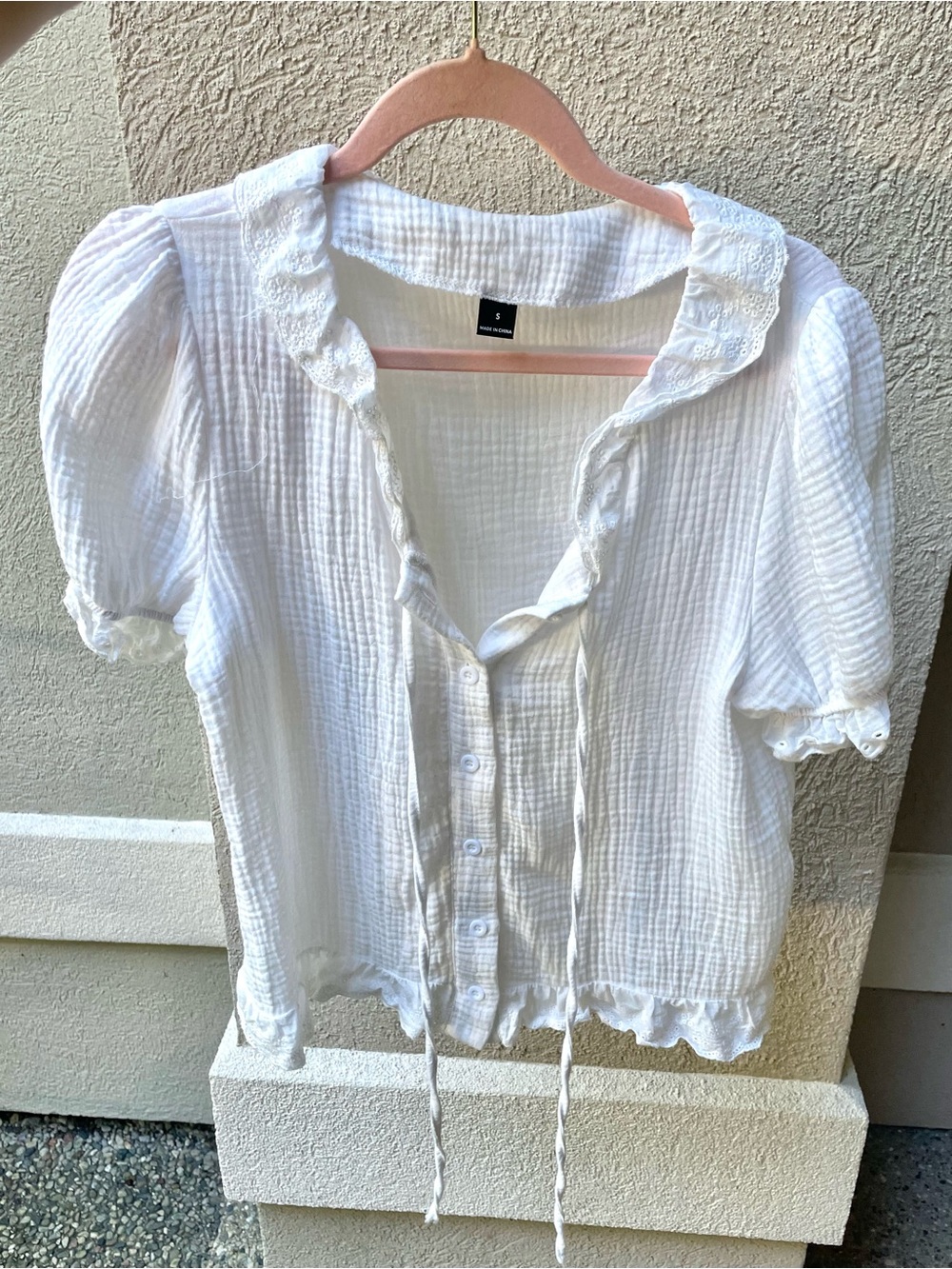 SHEIN 100% cotton White Ruffled eyelet hem Button Front Blouse ties at neck